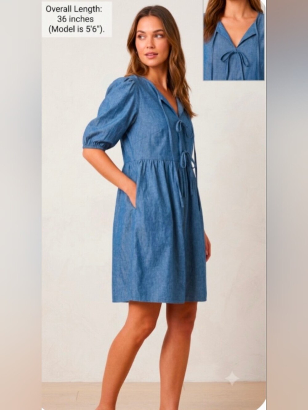 2 HEARTS Denim Look Front Tie Babydoll Mini Dress Puff Sleeve Size L